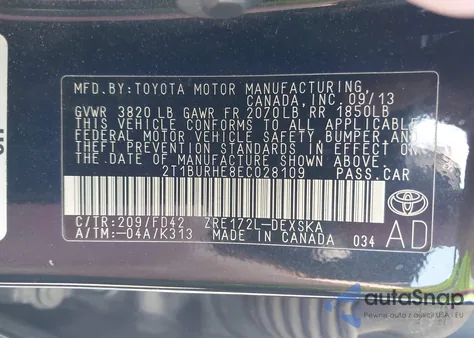 2014 Toyota Corolla L/Le/Le Pls/Prm/S/S Pls из США, поврежденный, VIN 2T1BURHE8EC028109